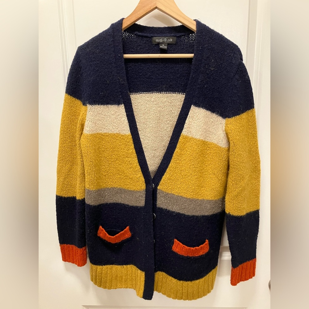 August Silk Cardigan in Navy, Mustard, and Cream Color Block